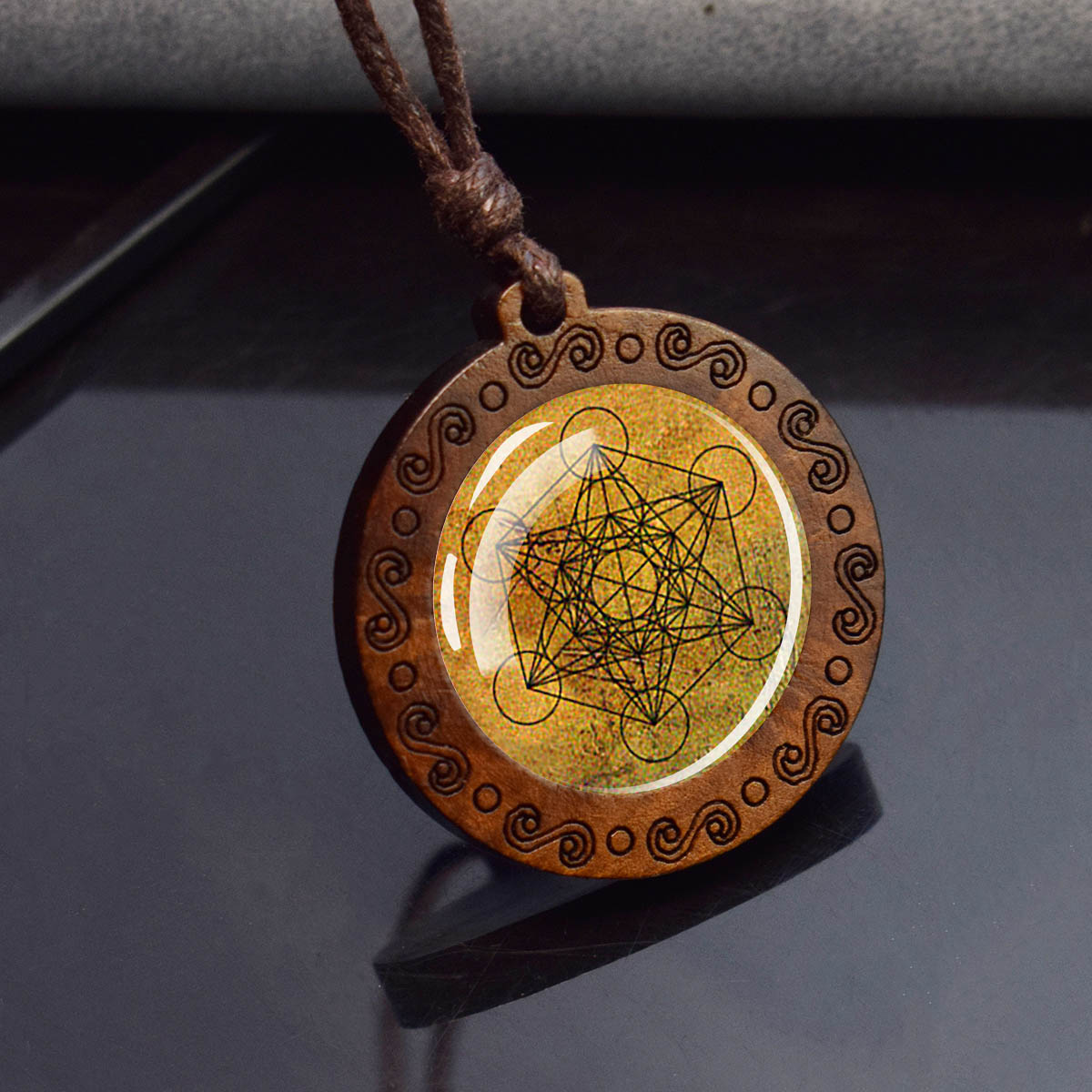 Sri Yantra Mandala Glas Halskette Holz Anhänger buddhistische heilige Geometrie Schmuck spirituelle Yoga: verrotten-braun