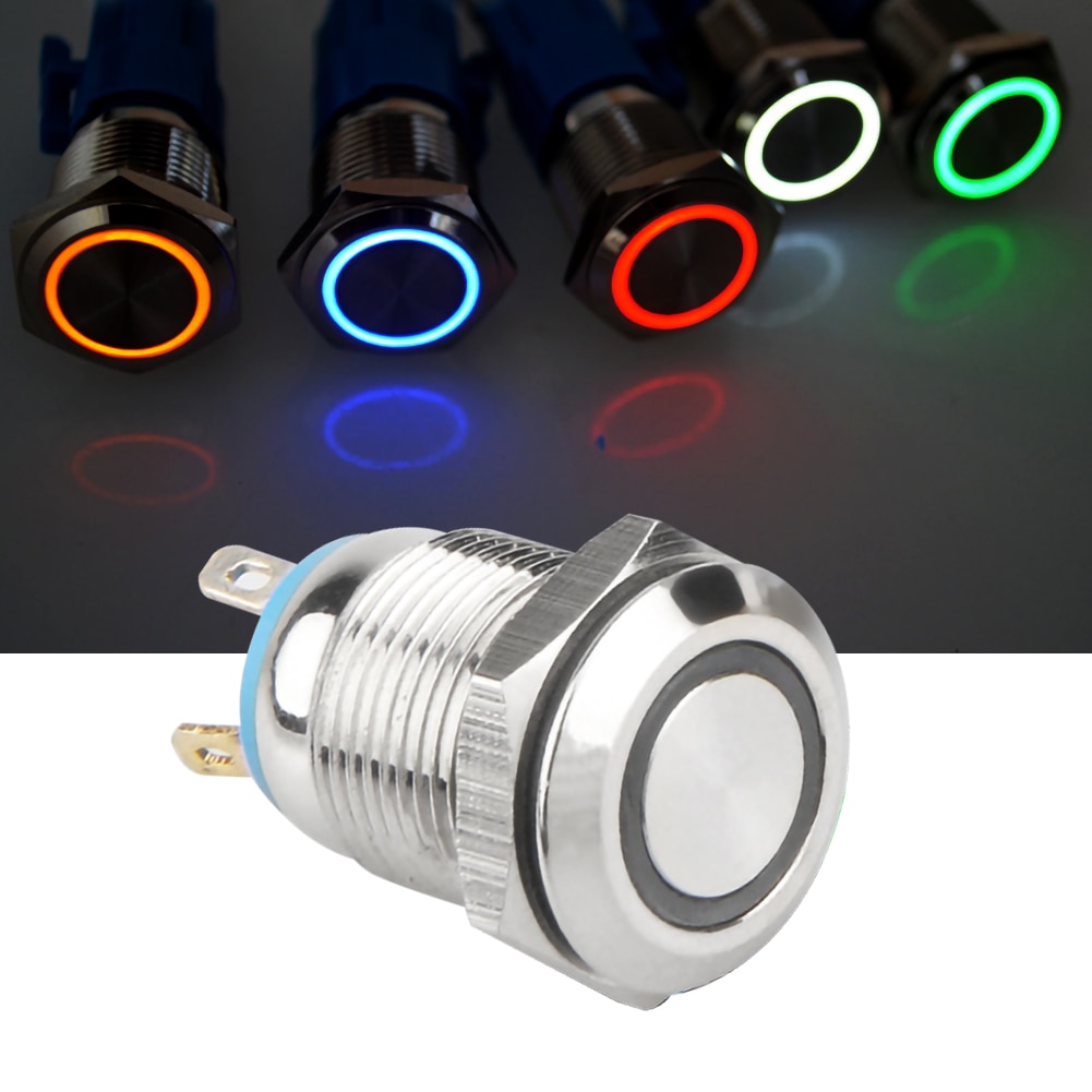 Interruptor de botón de Metal de 16mm, luz LED momentáneo impermeable, botón de encendido de autobloqueo de 12V, conector para botón