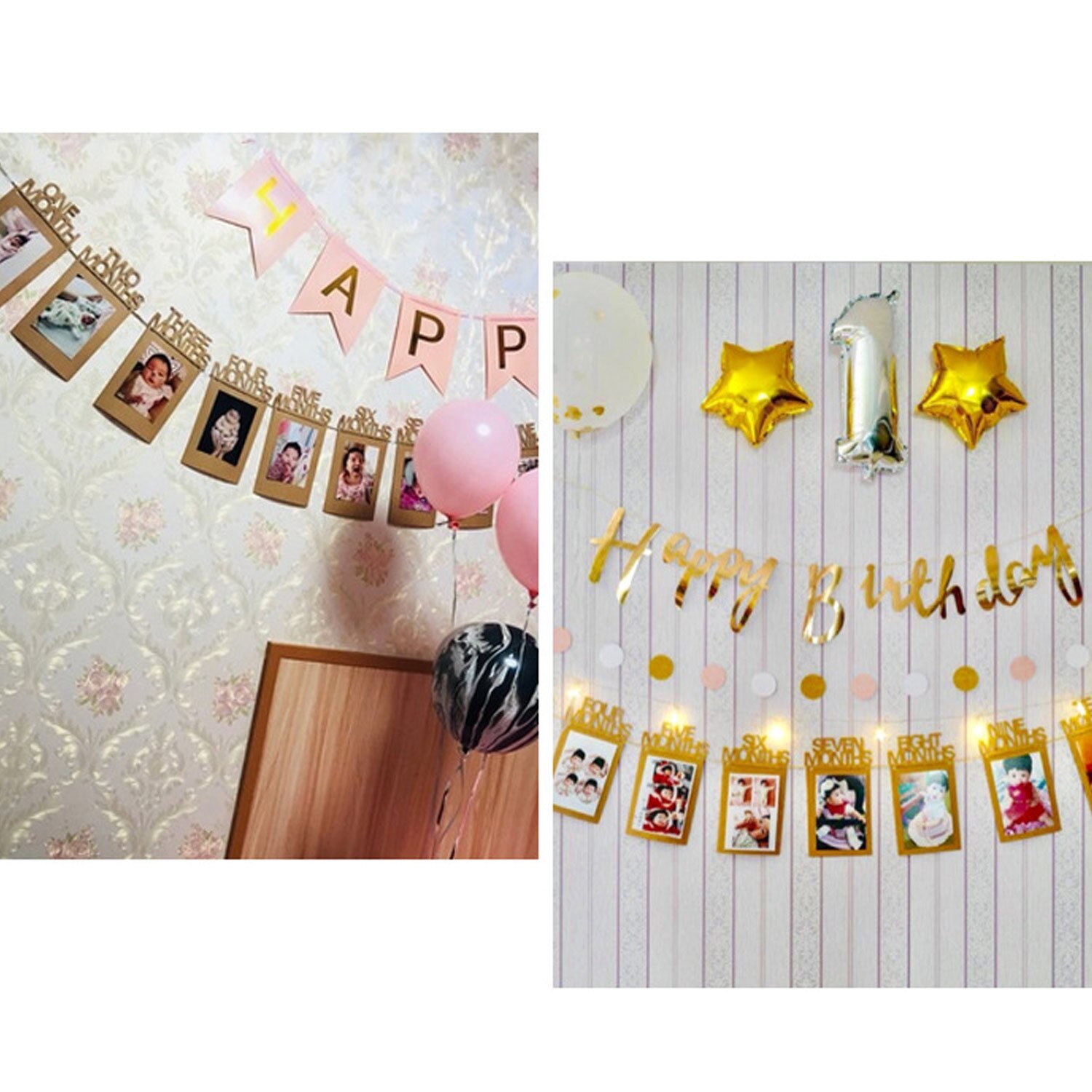 First Birthday Decoration 1 to 12 Months Monthly Paper Photo Photograph Bunting Garland Banner for 1 Year Old Celebration