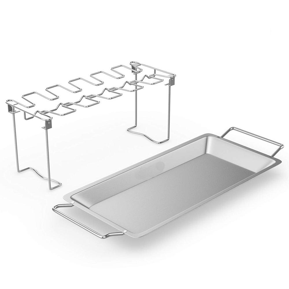 1PC de acero inoxidable ala de pollo pierna Rack soporte de parrilla con goteo Pan para la cocina de campo barbacoa delicioso pollo baquetas L * 5: Default Title