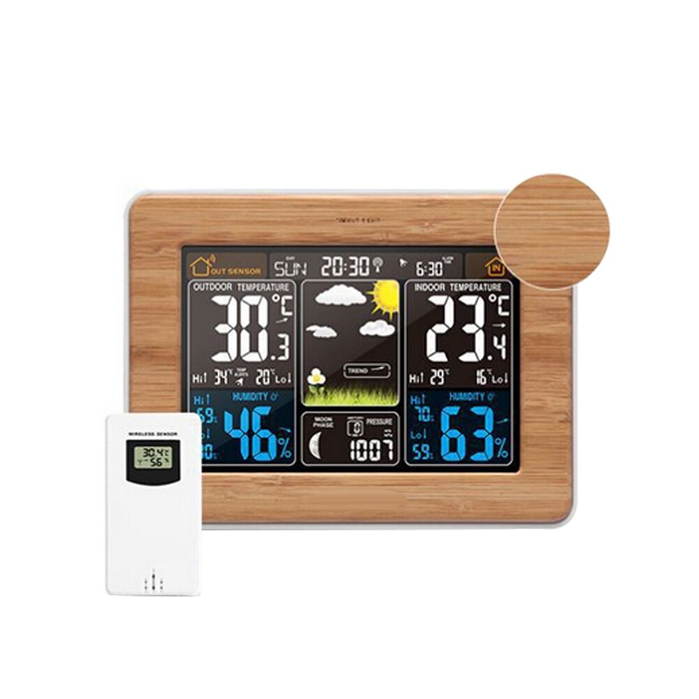 Draadloze Weerstation Wekker Thermometer Kalender Met Outdoor Sensor Home Smart Klok Met Weersverwachting Huishouden: Bamboo Color