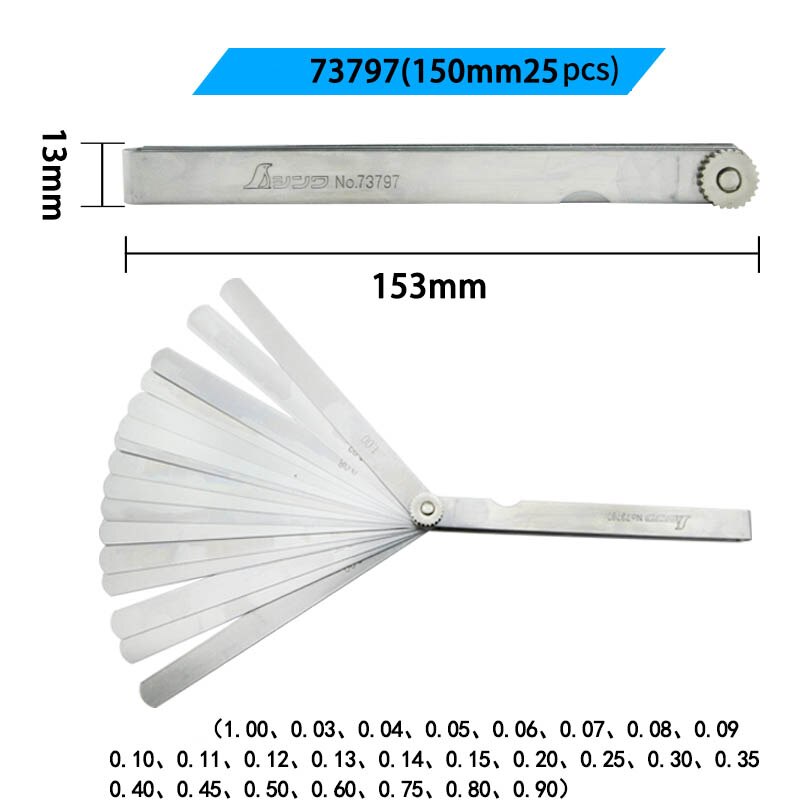 SHINWA Feeler gauge gap ruler stainless steel thick gauge thickness gauge high precision 0.02-1.0mm 65mm 25PCS