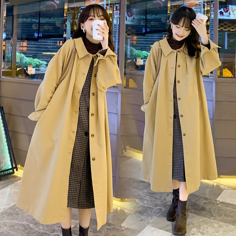 Trench-coat à col rabattu pour femme enceinte, manteau de grande taille, couleur unie, automne-hiver