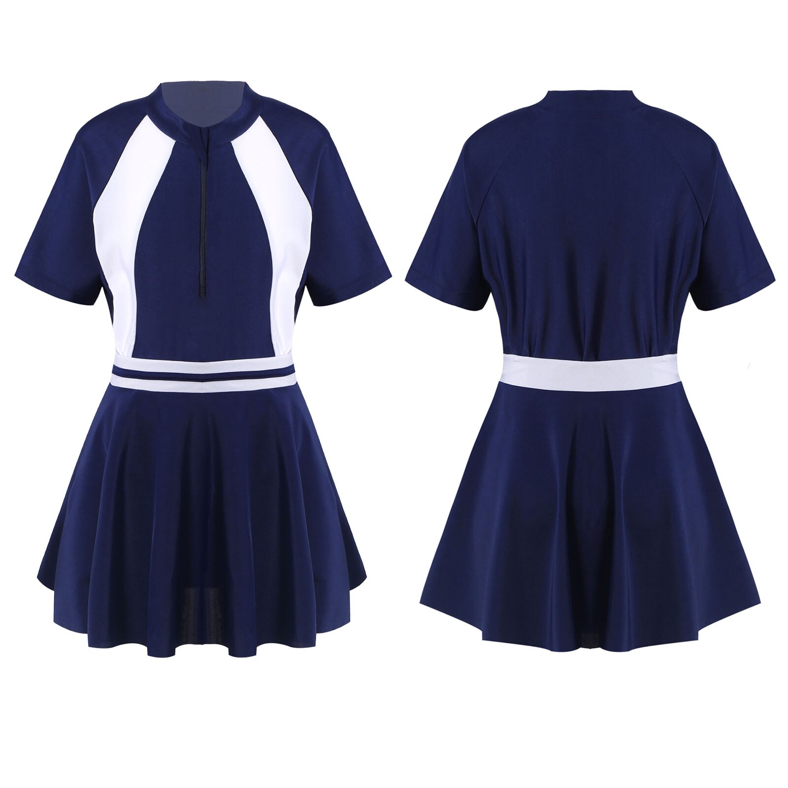 Kids Swimsuit for Girls Beachwear Bathing Suit Children Swimwear Short Sleeve Leotard Bodysuit with Skirt Schoolgirl Uniform: Navy Blue / 3XL(145-15