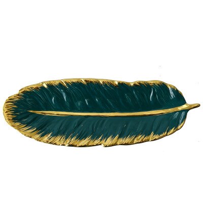Vassoio portaoggetti in ceramica di lusso con bordo in oro foglia verde oro piuma gioielli trucco pennello piatto decorativo Sushi
