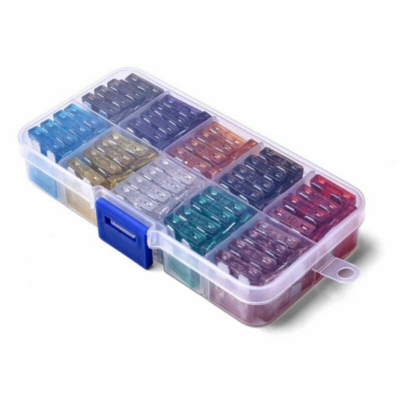 100 stk bilsikringer 2a 3a 5a 7.5a 10a 15a 20a 25a 30a 35a ampere med bokseklemmer sort bladsikring