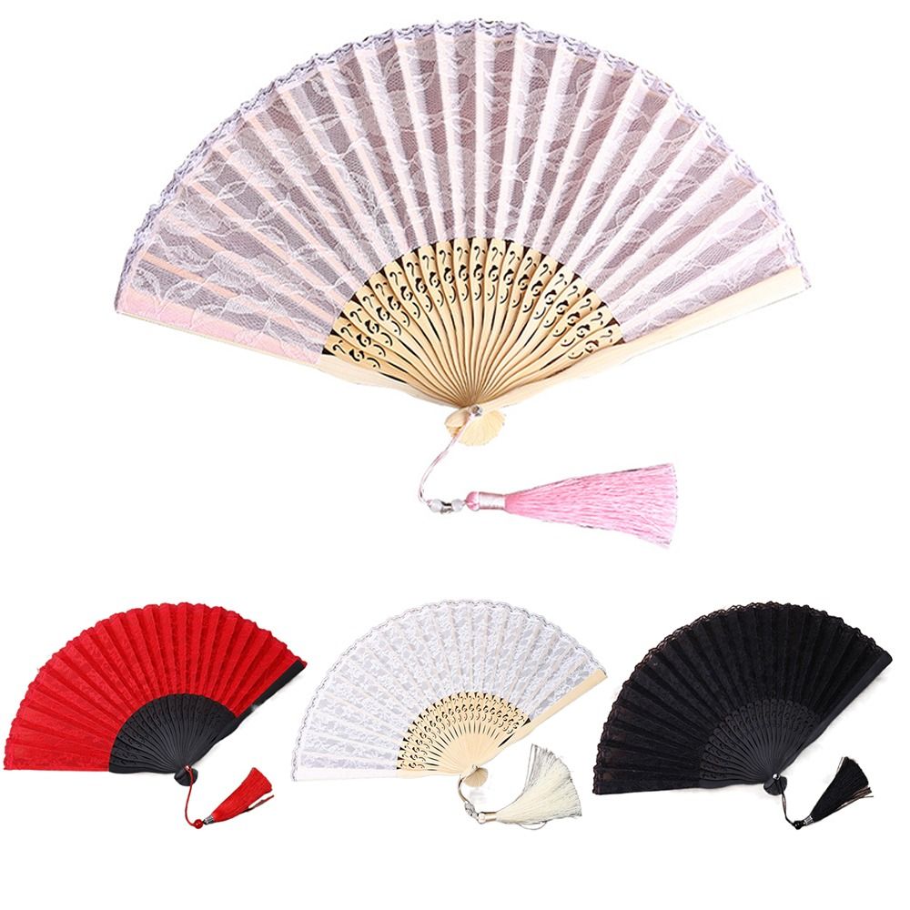 Draagbare opvouwbare ventilator met kwastje, lichtgewicht, met kant, handventilator met hol handvat, duurzame chinese ventilator voor dames