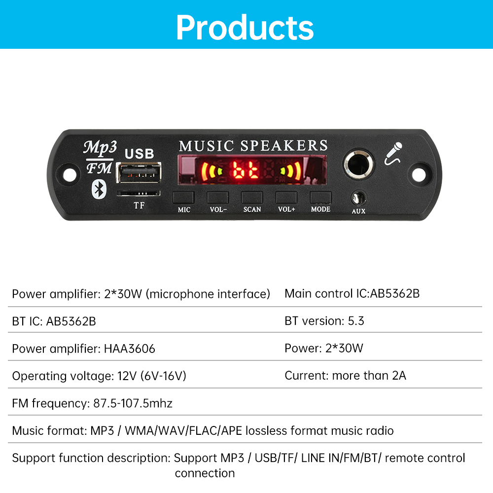 DC6~16V Bluetooth Audio Decoder Board MP3 Player 2*30W 2-Channel Stereo Audio Amplifier Car Karaoke Integration Module