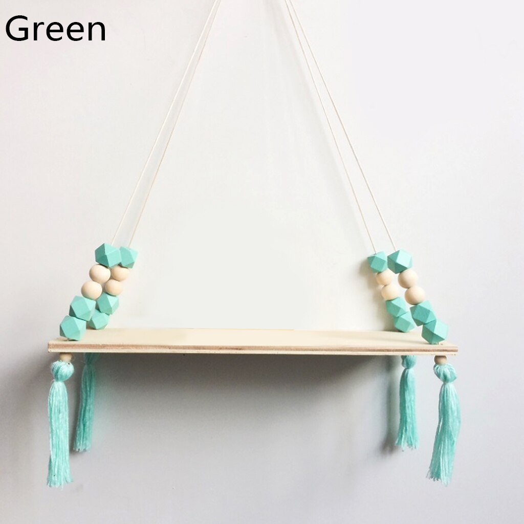 Estante de pared de madera con borlas y cuentas de colores nórdicos para niños, decoración de guardería, almacenamiento artesanal, decoración de hogar para colgar en la pared: B-Green
