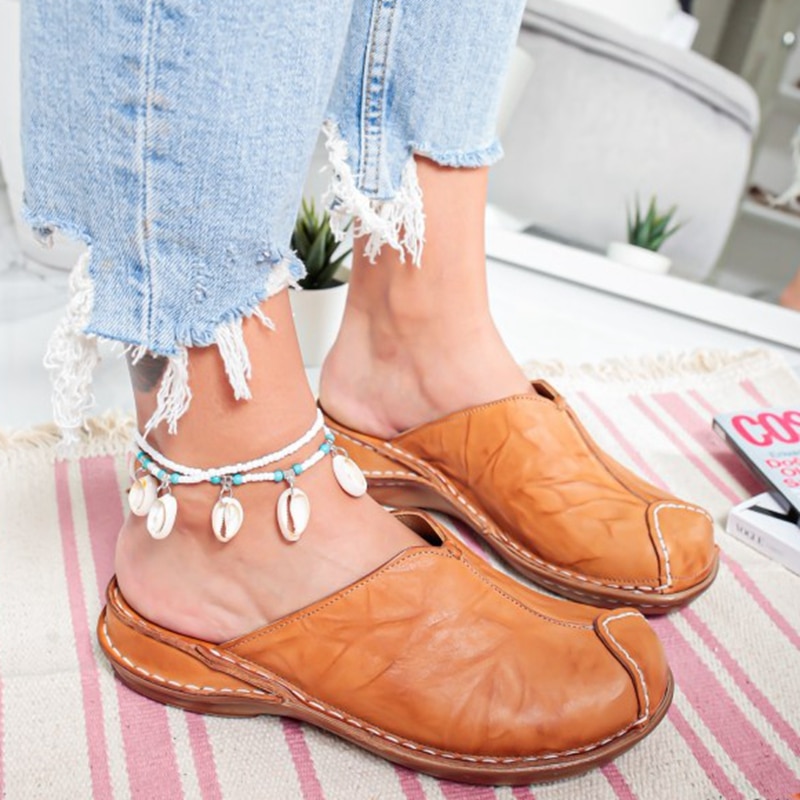 Dames muiltjes platte sandalen sandaal vrouwelijke lage hak slippers zomer slippers vrouwen ronde neus riet geweven strandschoenen