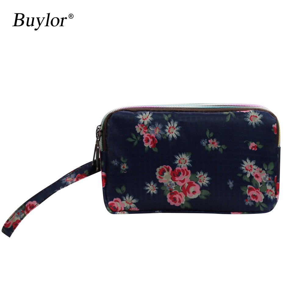 Buylor portfele dla kobiet torebka poliester etui na telefon Organizer na dokumenty karty dama Organizer moneta torebka 3 zamek kwiatowy kieszenie sprzęgło: czarny