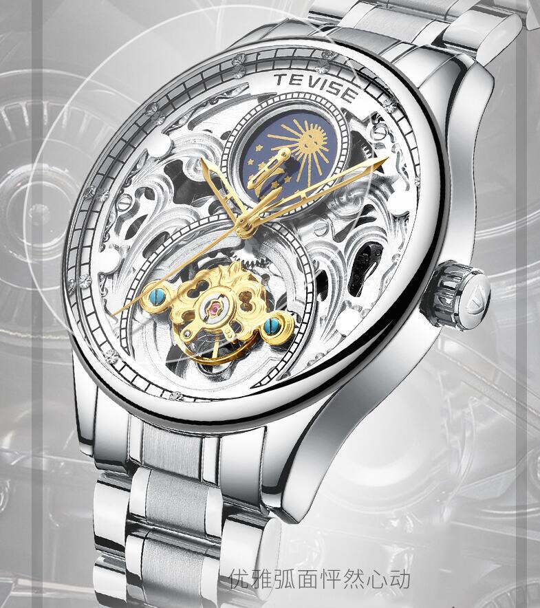 Montre TEVISE phase de lune tourbillon creux automatique mécanique en acier inoxydable poignet hommes montres main bracelet montre