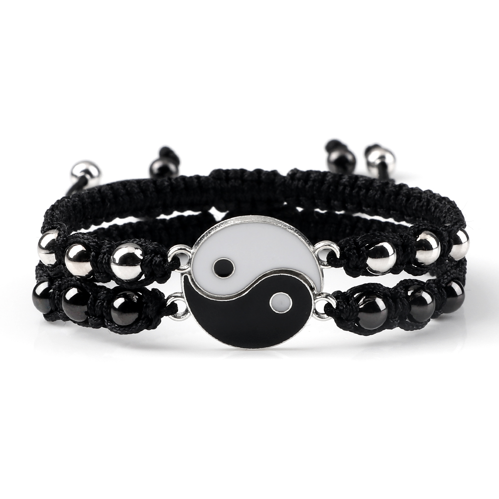 2 unids/set de pulsera trenzada Yin Yang Tai Chi, abalorio negro y blanco, pulseras ajustables a juego para parejas y joyería para amantes de la distancia Blangle: Black