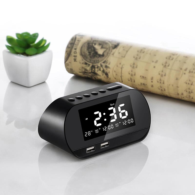 Digital Alarm Clock,Alarm Clock with FM Radio and USB Charging Interface,Calendar/Temperature Display Black