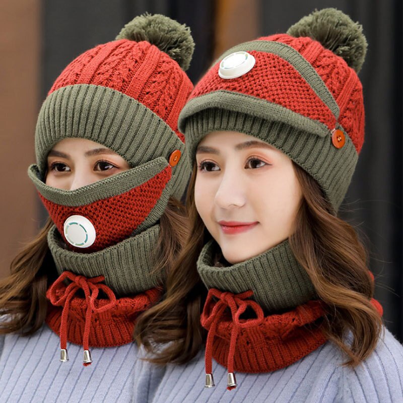 Outdoor Cycling knitted Hats Autumn Winter Knitted Hat Kit With Breathing Mask Thickened Warm Cap 3 in 1 Woman Hat Set: Breathing valve