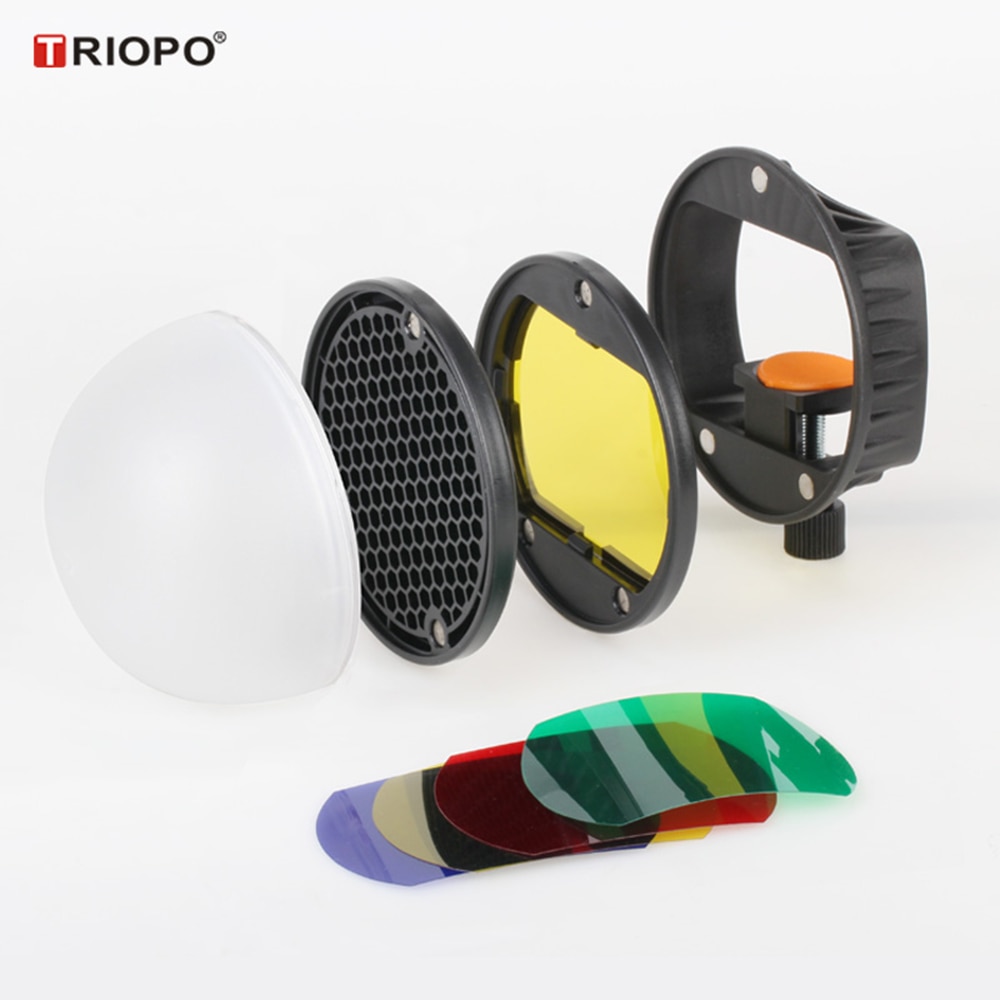 Triopo flash light modifier tilbehørssæt m/ magnetisk monteringsadapter+diffuser kugle+farve gel filtre til canon nikon sony godox
