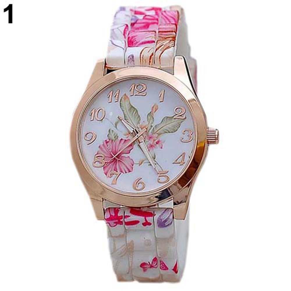Mode Vrouwen Bloemenprint Silicon Band Arabische Cijfers Wijzerplaat Quartz Horloge Armband: 1