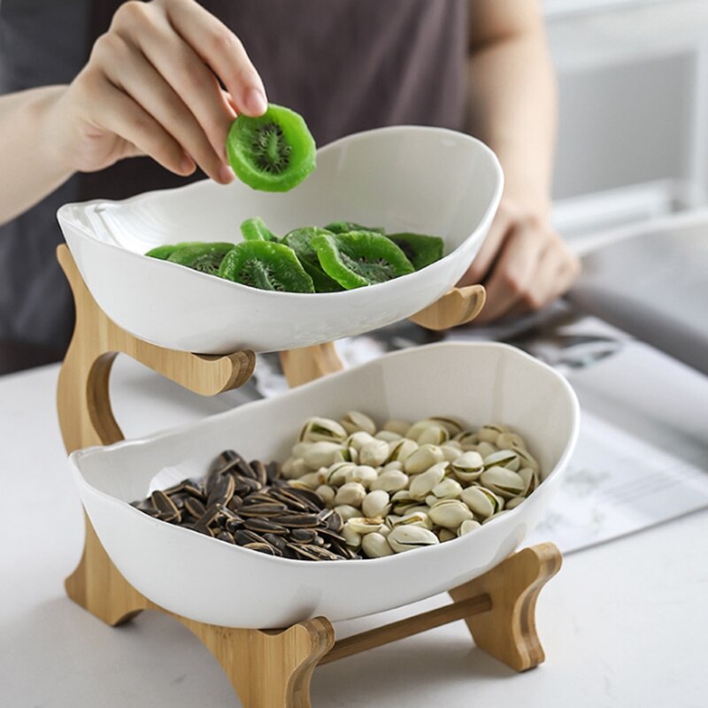 Promocja! 2 szczebel owalny ceramiczny półmisek na cukierki zestaw z składany szafka drewniana biały przyjęcie jedzenie serwera wyświetlacz zestaw wielowarstwowa można wybrać Stan: Default Title