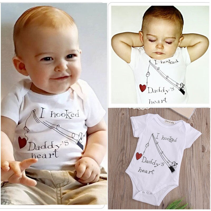 Summer Bodysuits Baby Boy Girl I Hooked Daddy's Heart Babygrow Jumpsuit Playsuit cotton Bodysuits