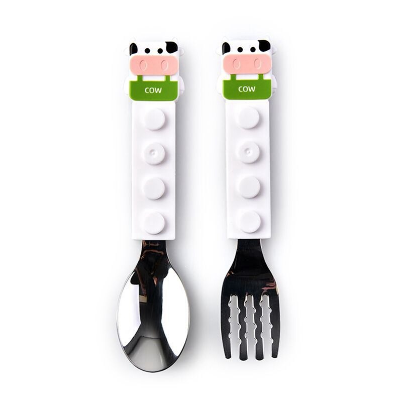 Tableware Cartoon Kids Spoon and Fork Set Stainless Steel Dessert Spoon Fork Baby Gadgets Feed Kid Children's Cutlery: BB9582WT1