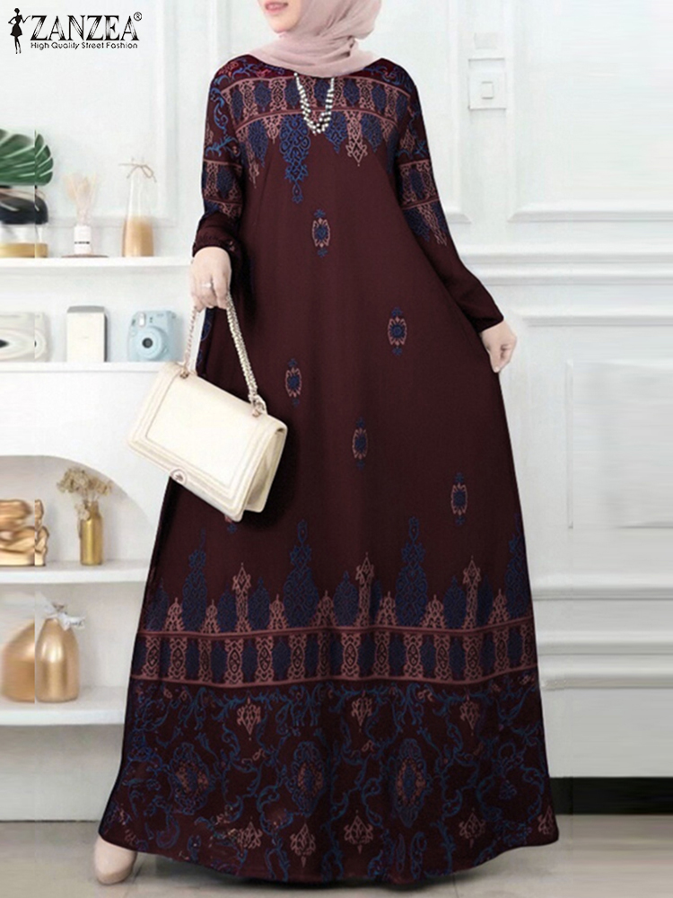 Frauen Langarm Muslimischen Kleid Abaya Kaftan ZANZEA Bohemien Gedruckt Sommerkleid IsIamic Kleid Eid Mubarek max Lange Vestidos: S / Braun