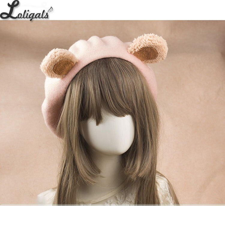 Lovely Lolita Bear Ear Berets Cute Female Wool Berets for Winter: pink brown 1