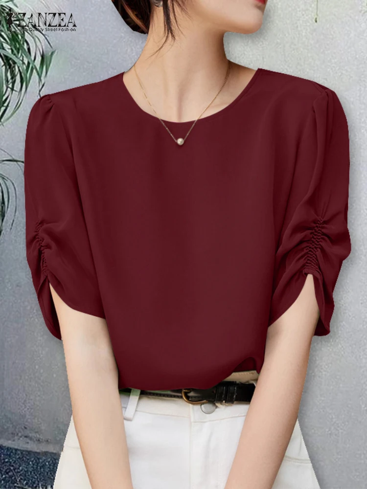 Zanzea kontorbluse sommer dame kortærmet arbejdsskjorte stilfuld ensfarvet tunika toppe afslappet o-hals blusas oversize