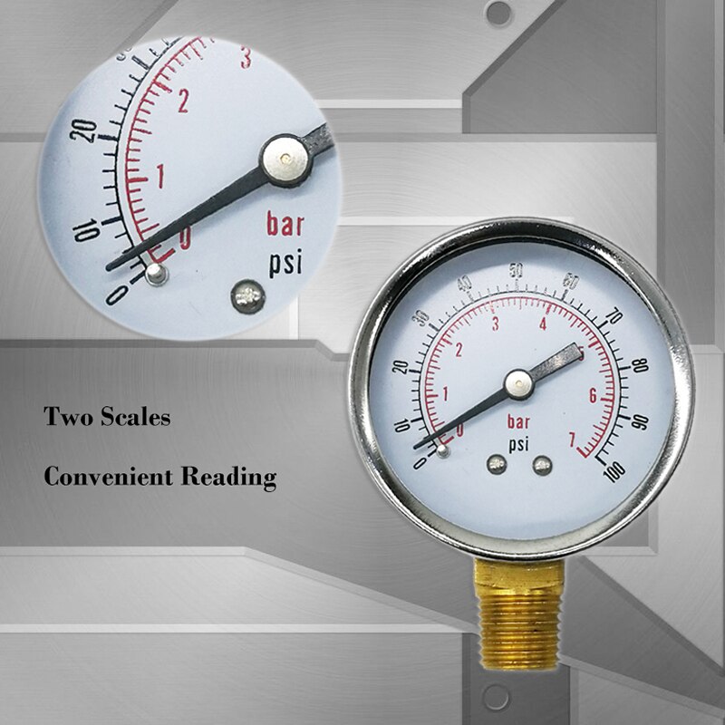 Reliable Dual Scale Mechanical Pressure Gauge for Gas and Water (100psi/7bar) with 1/4" NPT Bottom Mount
