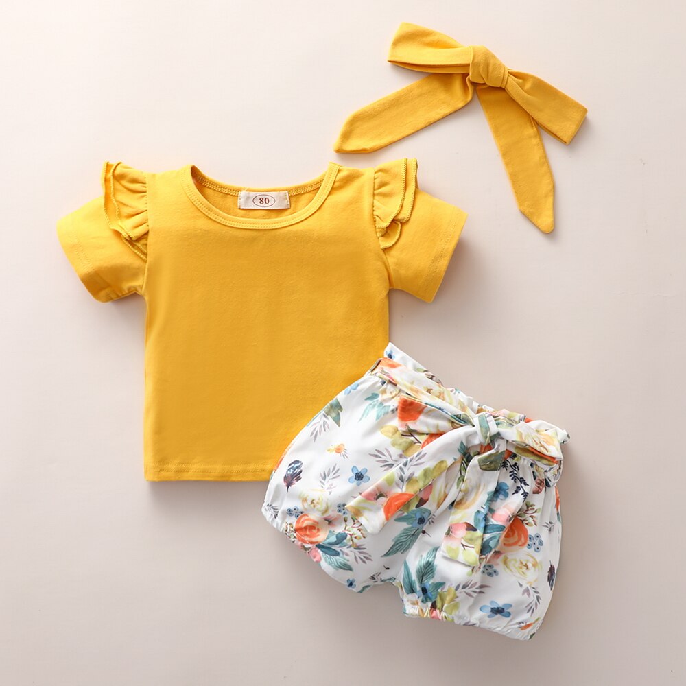 3Pcs Neugeborenen Baby Mädchen Shirt Nette Kleidung Set Body + Hosen Shorts + Turban Outfit Set Kinder Anzug 1-5T Kinder Kleidung: yellow / 2-3T