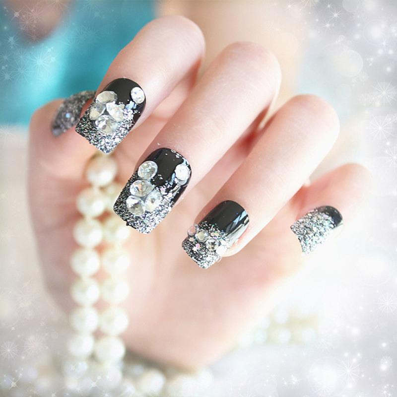 24 stuks zwarte nepnagels met strass steentjes, kunstnagels met glitter, dubbelzijdige tape, bruiloftsaccessoires