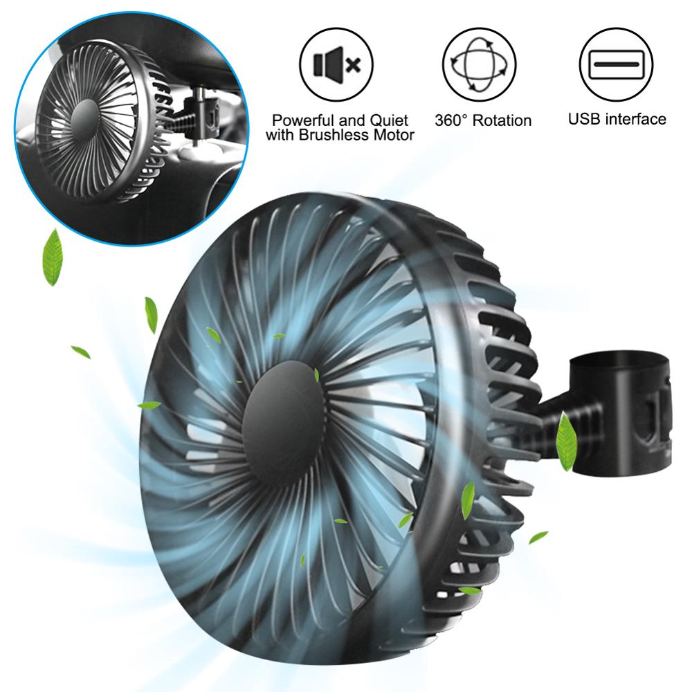 Ventilador USB de 2 estilos para coche, ventosa para asiento trasero de coche de un solo cabezal, 12V y 24V, Control Universal de viento grande y tres velocidades: 02 black