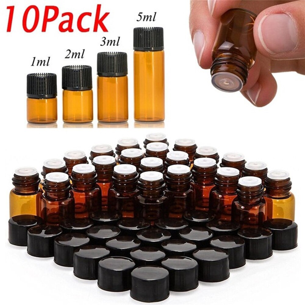 10PCS 1/2/3/5ml Glass Essential Oil Storage Bottle Vials Cosmetic Container Jar Orifice Brown Reducer & Cap Refillable Bottles