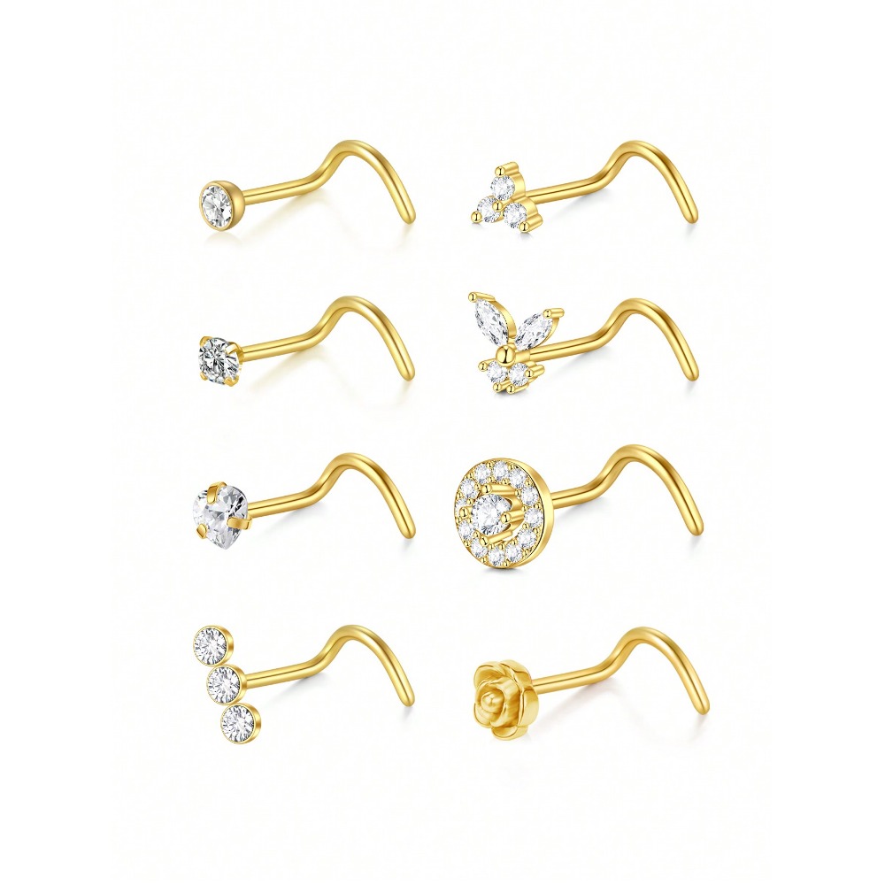 8Pcs/Set Nose Studs Rings For Women 18G 20G Corkscrew L Shaped Nose Screw Studs Nose Rings Studs Surgical Steel Nostril Nose Pie: Gold-color