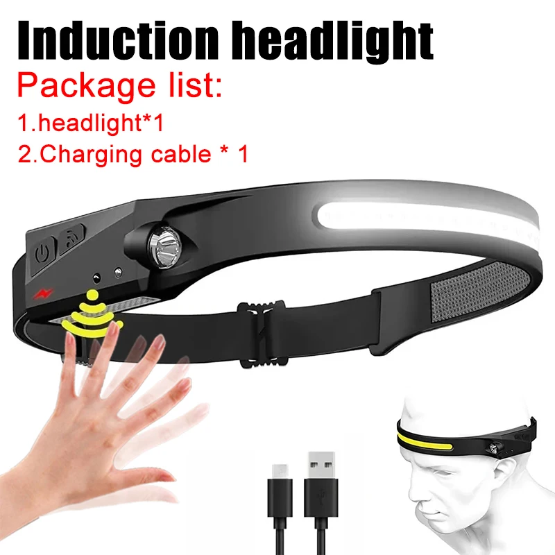 USB Rechargeable LED Sensor Headlamp XPE+COB Headlight Led Head Torch Camping Search Light Head Flashlight for Fishing Lantern: WHITE