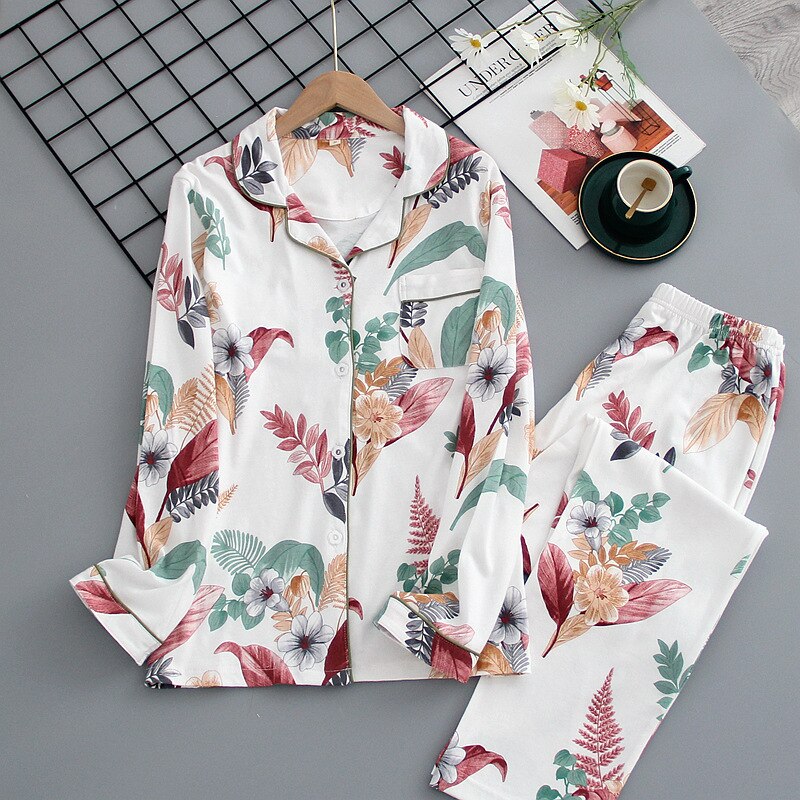 Dames katoenen zachte comfortabele turn-down kraag nachtkleding dames 2- delige pyjama pakken dames bedrukte elasticiteit taille homewear
