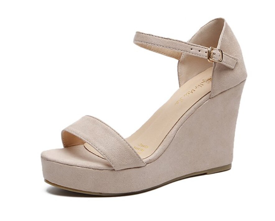 Kvinnor skor platå sandaler kvinnor peep toe hög kilar klack ankel spännen sandalia espadrilles kvinnliga sandaler skor: Beige / 7