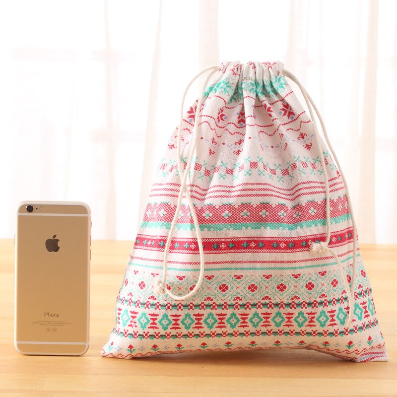 Handmade Cotton Linen Women Drawstring Bags Casual Cartoon Print Travel Home Storage Bag Environmental Reusable Fabric Pouch Bag