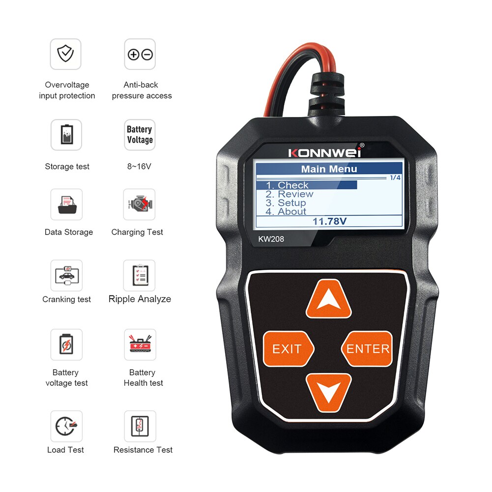 KONNWEI KW208 Car Battery Tester Automotive Battery Cranking and Charging System Test Scan Tool with LCD Screen