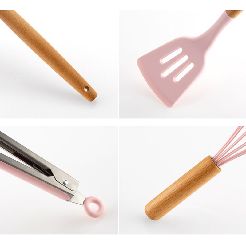 1pc pink køkken silikone køkkenredskaber premium træhåndtag køkkenredskaber sæt drejetang spatel suppe ske tilbehør