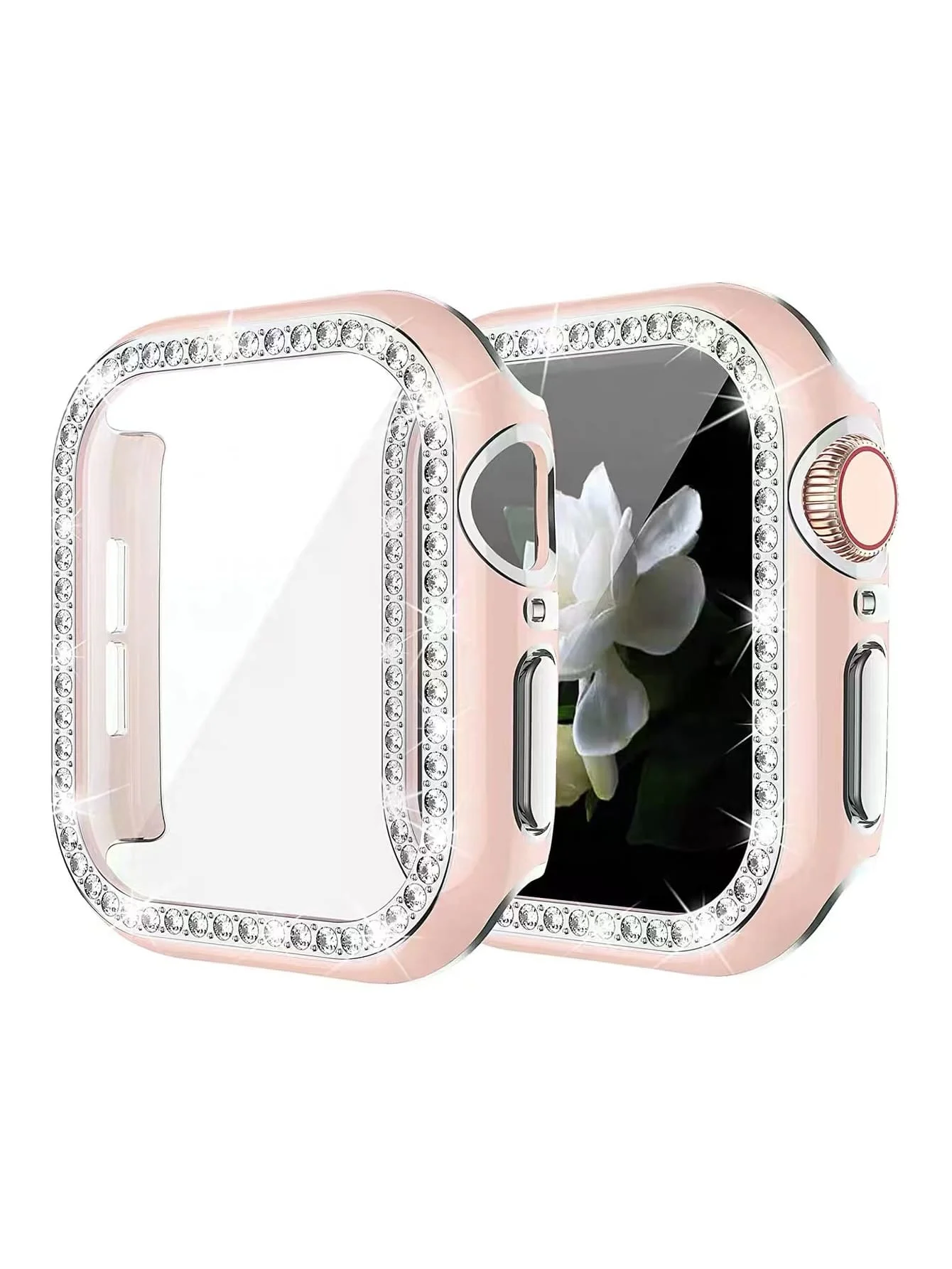Cristal ostentoso + cubierta para Apple i Watch, 45mm, 41mm, 40mm, 44mm, 42mm, 38mm, parachoques de diamante + Protector de pantalla serie iwatch: Rosa / 4-6,9 pulgadas