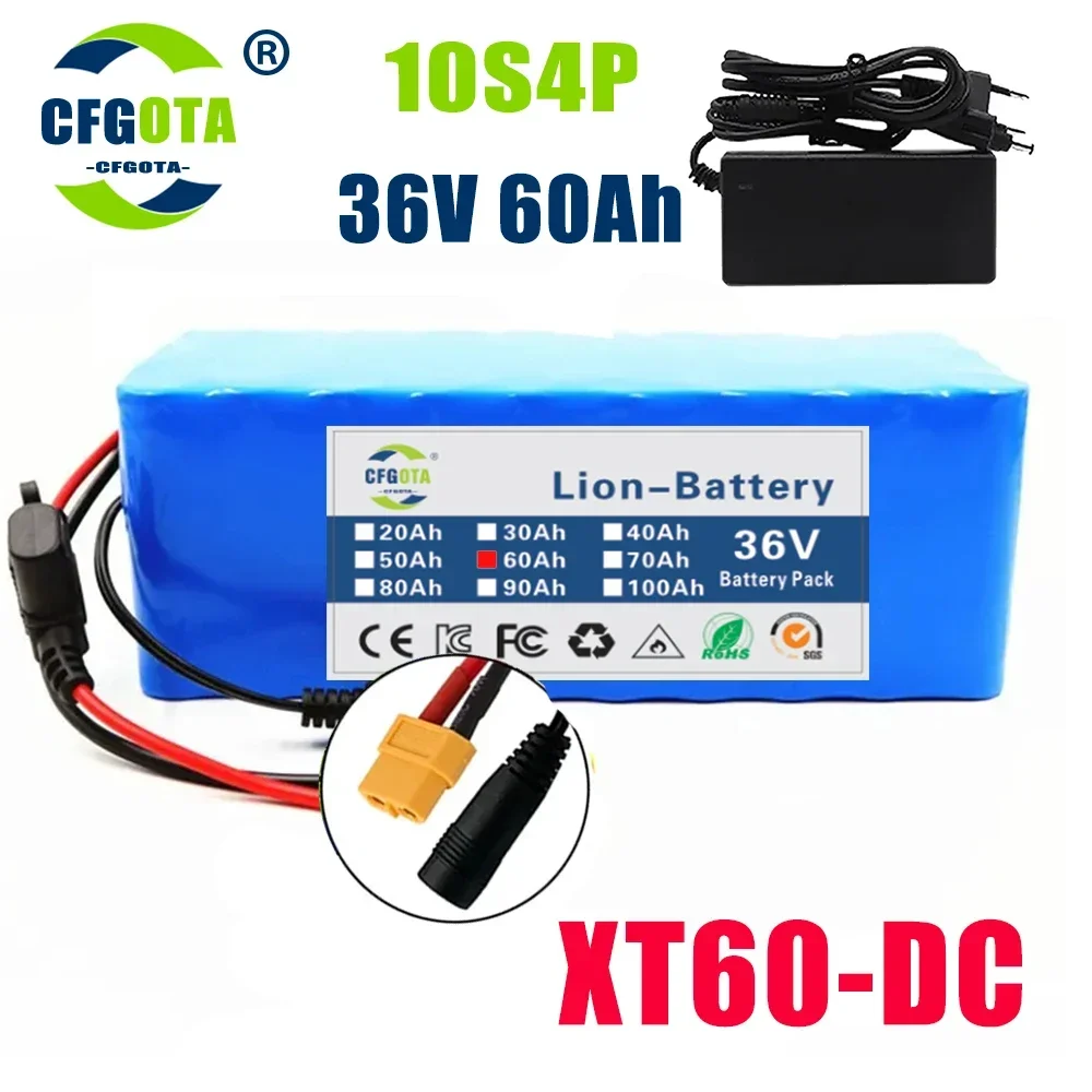10S4P 36V 60Ah Ebike Battery 18650 Lithium Battery Pack 500W High Power Battery 36V 12000mAh Electric Bicycle BMS+Charger: green