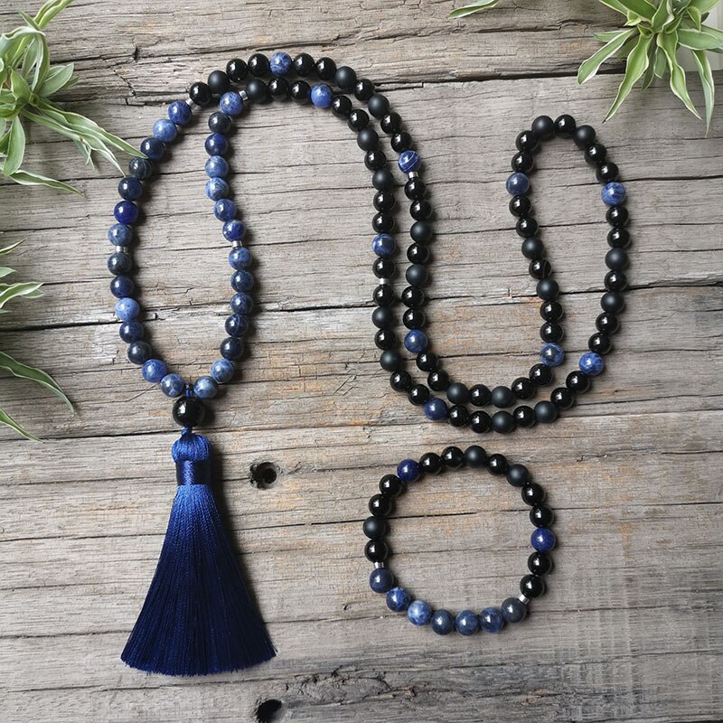 8mm sodalit mala perler, blå og sort halskæde, bøn mala halskæde, meditationssmykker, unisex mala, yoga  ,108 mala perler: Rødbrun
