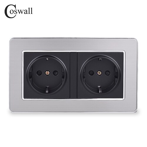 COSWALL 16A Double EU Standard Wall Socket Luxury Power Outlet Grounded Stainless Steel Panel With Children Protective Door: Black