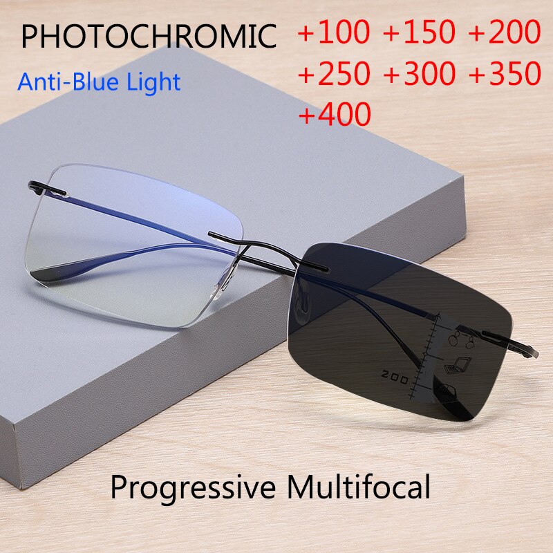 Pure Titanium Meekleurende Multifocale Leesbril Progressieve Randloze Afgewerkt Bril Anti-Blue Ray Outdoor Eyewear