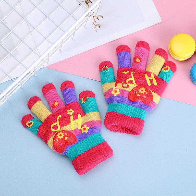 Guantes para niños con estampado de corazones y estrellas, para bebés, coloridos, de invierno, tejidos, cálidos: A