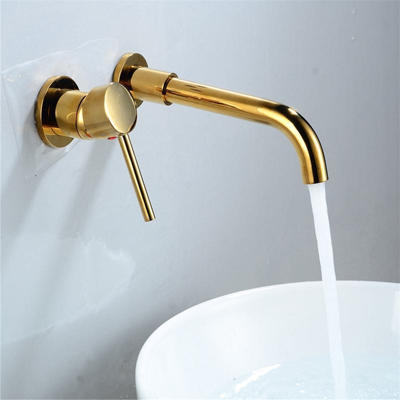 Modern Wall-Mount Mixer Tap Bathroom Sink Faucet Swivel Wall Spout Bath: Gold