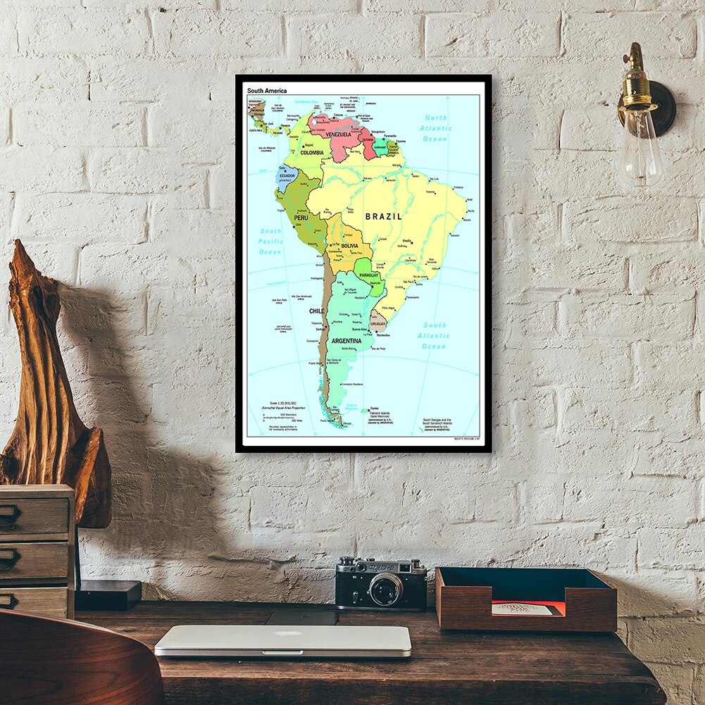 Mapa politico de América del Sur, lienzo pintado con Spray, arte de pared, póster para sala de estar, decoración del hogar, suministros escolares, 60x90cm