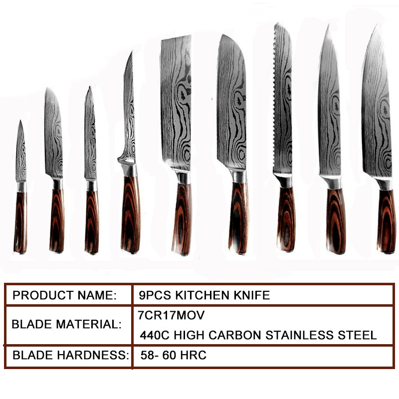 IWELAI Kitchen Knife Set Home Cook Knife Japanese 7CR17 440C Imitation Damascus Pattern Knife Nine-Piece Knife