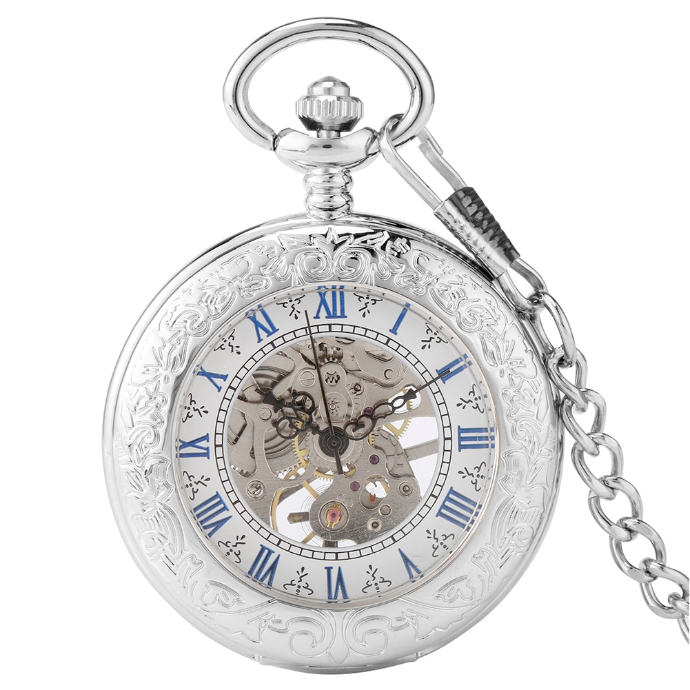 Blue Skeleton Prachtige Hanger Mannen Hand-Kronkelende Zilveren Mechanisch Zakhorloge Premium Alloy Sieraden Pols Chain Horloge