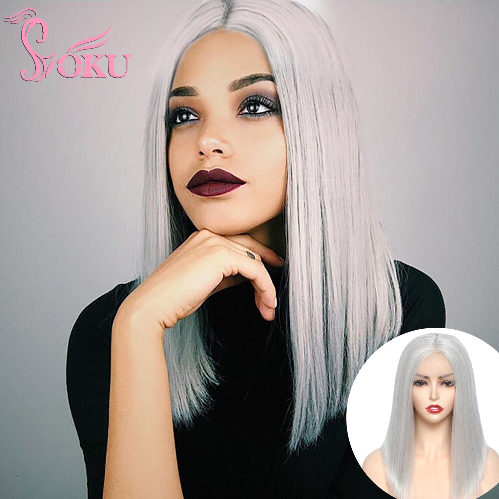 SOKU Synthetic Wigs Short Bob Light Grey Straight Hair For Women 14 Inches Ombre Gray Lace Wig Heat Resistant Middle Part Wigs
